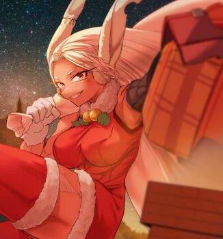 1girl animal_ears bare_shoulders bell blush boku_no_hero_academia breasts chimney commentary_request dark-skinned_female dark_skin dress facial_scar fur-trimmed_dress fur-trimmed_thighhighs fur_collar fur_trim gift gloves grin highres hiromago holding holding_gift holding_sack large_breasts long_eyelashes long_hair looking_at_viewer mechanical_arms mechanical_ears midair mirko neck_bell night notched_ear outstretched_arm parted_bangs rabbit_ears rabbit_girl red_dress red_eyes red_thighhighs sack santa_costume santa_dress scar scar_on_cheek scar_on_face scar_on_thighs single_mechanical_arm sleeveless sleeveless_dress smile solo thick_thighs thighhighs thighs toned toned_female very_long_hair white_gloves white_hair