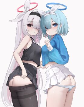 2girls absurdres arona_(blue_archive) ass ass_focus black_eyes black_hairband black_pantyhose black_shirt black_skirt blue_archive blue_eyes blue_hair blue_halo blush bow_hairband braid clothes_lift clothes_pull colored_inner_hair cowboy_shot crop_top from_side hair_over_one_eye hairband halo highres holding_hands leaning_forward lifting_own_clothes long_hair long_sleeves looking_at_viewer midriff_peek multicolored_hair multiple_girls neckerchief open_mouth panties panty_pull pantyhose pantyhose_pull pink_hair plana_(blue_archive) pleated_skirt red_halo sailor_collar school_uniform serafuku shirt short_hair single_braid skirt skirt_lift striped_clothes striped_panties underwear very_long_hair white_background white_hair white_hairband white_neckerchief white_sailor_collar white_skirt xiaoxiaoyifan