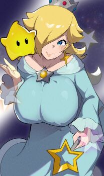 1girl blonde_hair blue_eyes blush breasts crown dress facing_viewer hair_over_one_eye huge_breasts large_breasts long_hair luma_(mario) mario_(series) mituyota_76 nintendo one_eye_covered rosalina smile super_mario_galaxy wand