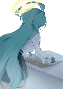 Rule 34 | 1girl, absurdres, ahoge, aqua hair, black gloves, black skirt, blue archive, breasts, dantyou2525, facing away, gloves, halo, highres, huge ahoge, large breasts, long hair, poster (object), school uniform, shirt, simple background, skirt, solo, spoilers, tape, very long hair, white background, white shirt, yume (blue archive)