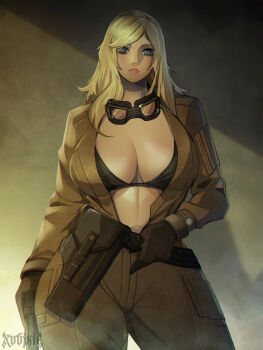 1girl absurdres blonde_hair blue_eyes breasts eva_(metal_gear) gloves goggles goggles_around_neck gun highres holding holding_gun holding_weapon holster large_breasts metal_gear_(series) open_clothes signature solo weapon xuuikie_ashe