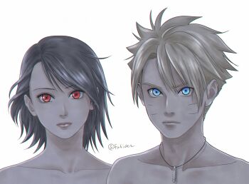 Rule 34 | 1boy, 1girl, bare shoulders, black hair, blonde hair, blue eyes, boruto: naruto next generations, collarbone, commentary, expressionless, facial mark, highres, jewelry, matsu (fu6ide2), medium hair, naruto (series), necklace, red eyes, sharingan, symbol-only commentary, twitter username, uchiha sarada, uzumaki boruto, whisker markings