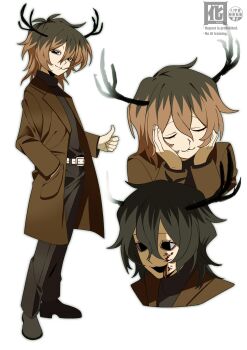 1boy absurdres antlers black_eyes black_hair blood blood_on_face brown_coat brown_hair cleft_lip coat hand_in_pocket highres hitchhiker_a_(randal&#039;s_friends) horns looking_at_viewer male_focus medium_hair multiple_views otori_0 randal&#039;s_friends simple_background standing thumbs_up turtleneck white_background