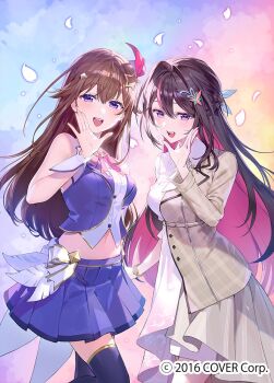 2girls :d ascot azki_(4th_costume)_(hololive) azki_(hololive) black_hair blue_eyes blue_skirt blue_thighhighs blue_vest bow bowtie braid brown_hair brown_jacket collared_dress collared_shirt colored_inner_hair commentary_request copyright_notice cropped_shirt cropped_vest crossed_bangs diamond_hair_ornament double-parted_bangs dress falling_petals gold_trim hair_between_eyes hair_flaps hair_intakes hair_ornament hair_ribbon hairclip half-jacket half_up_half_down_braid hand_up hiyon_(hahaha_5945) hololive jacket long_hair midriff miniskirt mole mole_under_eye multicolored_hair multiple_girls navel official_alternate_costume official_art open_mouth petals pink_bow pink_bowtie pink_hair pink_ribbon pleated_skirt purple_eyes ribbon shirt single_sidelock skirt skirt_under_dress sleeveless sleeveless_shirt smile star_(symbol) star_hair_ornament streaked_hair teeth thighhighs three-quarter_sleeves tokino_sora tokino_sora_(1st_costume) upper_teeth_only very_long_hair vest virtual_youtuber waist_cape white_ascot white_dress white_hair white_ribbon white_shirt white_skirt wrist_cuffs