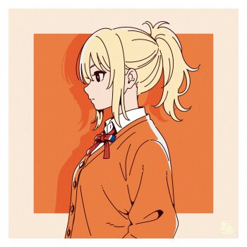 1girl blonde_hair border cardigan closed_mouth collared_shirt commentary_request drop_shadow from_side highres love_live! love_live!_nijigasaki_high_school_idol_club medium_hair miyashita_ai neck_ribbon nijigasaki_school_uniform orange_background orange_cardigan ponytail profile red_ribbon ribbon school_uniform shirt sidelocks simple_background solo upper_body uyu1023 white_border white_shirt winter_uniform