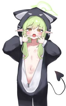 1girl absurdres animal_costume black_tail blue_archive blush cat_costume cowboy_shot flat_chest green_halo hair_censor halo highres hikari_(blue_archive) hood hood_up loli long_hair long_sleeves looking_at_viewer navel open_mouth pointy_ears simple_background solo tail unzipped white_background yellow_eyes yungun_(dbsrjsdn0330)