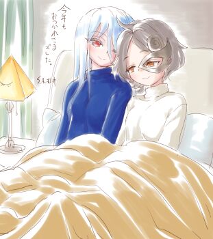 2girls alternate_costume artist_name blue_sweater brown_eyes brown_hair closed_mouth commentary_request eye_of_providence hair_between_eyes half_mask indoors iwanaga_ariya leaning_on_person long_bangs long_hair long_sleeves mask multiple_girls on_bed parted_bangs pillow red_eyes s-a-murai smile sweater touhou translation_request under_covers white_hair white_sweater yuiman_asama