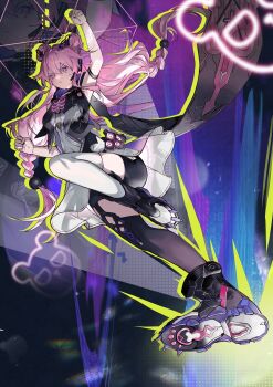 1girl absurdres ankle_boots asymmetrical_legwear black_boots black_jacket black_shorts black_thighhighs boots braid breasts cino_(cappuccino) commentary cropped_jacket double_bun dress english_commentary flying_kick full_body hair_bun highres jacket kicking long_hair low-braided_long_hair low-tied_long_hair medium_breasts mismatched_legwear mismatched_thighhighs multiple_views pink_eyes pink_hair punishing:_gray_raven short_shorts shorts spiked_boots teddy:_spectre_(pgr) teddy_(pgr) thighhighs twin_braids white_dress white_thighhighs zoom_layer