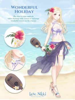 1girl artist_request bare_shoulders bikini bikini_ribbon blonde_hair blue_bikini blue_bow blue_choker blue_sarong blue_sky bow bow_choker bracelet breasts brown_eyes brown_sandals character_name choker cleavage close-up closed_mouth cloud copyright_name criss-cross_straps daisy_(flower) day english_text flower flower_thigh_strap frilled_choker frills full_body gold_bracelet hair_flower hair_ornament headband hibiscus high_heel_sandals holding holding_instrument instrument island jewelry light_blush logo long_hair looking_at_viewer medium_breasts miracle_nikki multicolored_bikini multiple_bracelets neck_flower nikki_(series) ocean official_art outdoors palm_leaf pink_flower purple_ribbon ribbon sandals sarong shore sky smile solo standing swimsuit two-tone_bikini ukulele wavy_hair white_bikini white_flower wonderful_holidays_(miracle_nikki)