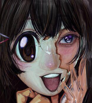 1girl :d black_hair blush broken_mask brown_eyes close-up crack cracked_kawaii_mask eyelashes hair_ornament hairpin hands_on_own_face hands_up hashtag-only_commentary highres mask multiple_hairpins nazono_mito nijisanji open_mouth purple_eyes rune_o03 smile solo teeth tsukino_mito upper_teeth_only virtual_youtuber