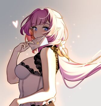 1girl artist_name blue_eyes breasts commentary elf elysia_(honkai_impact) english_commentary from_side grey_sky heart highres holding holding_letter honkai_(series) honkai_impact_3rd large_breasts letter long_hair looking_at_viewer pink_hair pointy_ears shirt sky smile solo sunnypoppy very_long_hair white_shirt