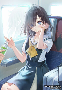 1girl 1other black_hair blue_eyes blue_shirt blue_skirt blush bottle bracelet closed_mouth elf_no_watanabe hair_ornament hair_over_one_eye hairclip hanekoto high-speed_train holding holding_bottle jewelry looking_at_viewer neckerchief reflection sailor_collar school_uniform shinkansen shirt short_sleeves skirt solo_focus train train_interior watanabe_fuuka white_sailor_collar white_shirt window yellow_neckerchief