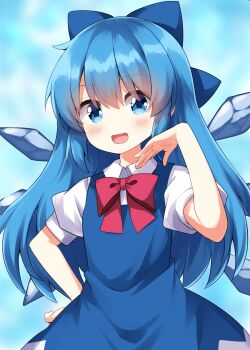 Rule 34 | 1girl, :d, alternate hair length, alternate hairstyle, blue background, blue bow, blue dress, blue eyes, blue hair, blush, bow, bowtie, cirno, collared shirt, commentary request, cowboy shot, dress, hair bow, hand up, highres, ice, ice wings, looking at viewer, open mouth, pinafore dress, red bow, red bowtie, ruu (tksymkw), shirt, short sleeves, sleeveless, sleeveless dress, smile, solo, touhou, white shirt, wings