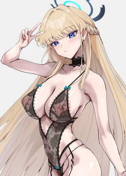 1girl absurdly_long_hair arm_up black_choker black_leotard blonde_hair blue_archive blue_eyes blue_halo blush breasts choker commentary_request covered_erect_nipples covered_navel grey_background halo lace_trim large_breasts leotard lingerie long_hair looking_at_viewer simple_background solo thomson_(thomthomson1217) toki_(blue_archive) underwear v very_long_hair