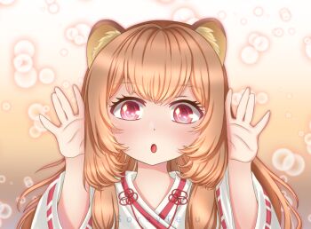 Rule 34 | 1girl, :o, \||/, animal ear fluff, animal ears, artist name, brown hair, commentary, diamond-shaped pupils, diamond (shape), dot nose, english commentary, hands up, japanese clothes, kosode, long hair, long sleeves, looking at viewer, official alternate costume, open mouth, portrait, raccoon ears, raccoon girl, raphtalia, red eyes, red ribbon, ribbon, ribbon-trimmed sleeves, ribbon trim, solo, soreyteru, straight-on, straight hair, symbol-shaped pupils, tate no yuusha no nariagari, tongue, watermark, white kosode, wide sleeves