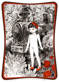 10s 1girl 2016 black_eyes black_hair blush bow cherry_blossoms collarbone crystal flat_chest flower fractal_underground_studio hair_bow kneehighs locomotive loli looking_down mary_janes navel nipples nude original pussy red_bow red_shoes rose shoes short_hair socks standing steam_locomotive train tree white_socks