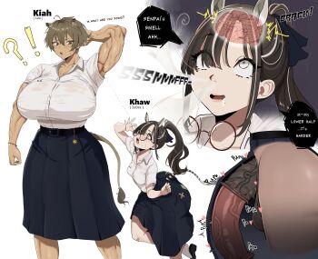 !? 1futa 1girl 2025 absurdres ahoge animal_ears animal_penis arm_at_side arms_up aroused bandaid bandaid_on_cheek bandaid_on_face belt belt_buckle black_hair black_shoes blue_skirt blush bracelet brain breasts buckle bulge character_profile clenched_hand close-up closed_eyes collarbone collared_shirt commentary confused dark-skinned_female dark_skin drooling earrings english_commentary erection erection_under_clothes exhausted fangs female_focus female_pervert futa_with_female futanari glasses hair_between_eyes half-erect height_difference highres horse_penis huge_breasts huge_penis jewelry khaw_(lewdlinly) kiah_(lewdlinly) legs_apart lewdlinly lion_ears lion_girl lion_tail long_skirt looking_up matching_hair/eyes medium_breasts multicolored_hair muscular muscular_female original penis pervert pink_lips ponytail popped_collar red-tinted_eyewear round_eyewear school school_uniform sharp_teeth shirt shoe_dangle shoes short_hair simple_background skirt smelling standing standing_on_one_leg streaked_hair stretching tail tall_female taut_clothes teeth tinted_eyewear unworn_eyewear veins veiny_penis white_background white_eyes white_hair x-ray zebra_ears zebra_girl zebra_tail
