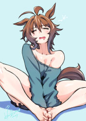 Rule 34 | 1girl, agnes tachyon (umamusume), animal ears, ant, bare legs, barefoot, breasts, brown hair, bug, cleavage, closed eyes, drooling, facing viewer, furrowed brow, head tilt, highres, hori shin, horse ears, horse girl, horse tail, insect, knees apart feet together, long hair, long sleeves, mouth drool, open mouth, short shorts, shorts, sitting, sleepy, soles together, solo, straight-on, sweater, tail, toes, umamusume