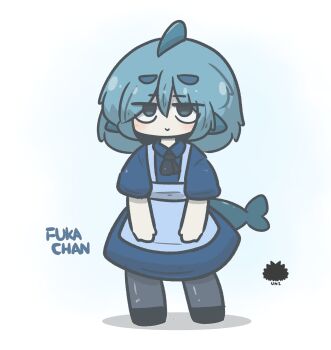 1girl :&gt; apron black_shoes blue_apron blue_dress blue_eyes blue_hair blush character_name chibi closed_mouth collared_dress commentary_request dress fins fish_tail fuka-chan full_body grey_pantyhose highres original pantyhose sea_urchin shadow shark_tail shoes short_eyebrows short_sleeves simple_background solo standing tail thick_eyebrows uni_souchou white_background