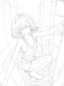 1girl alternate_costume bare_shoulders breasts closed_mouth collarbone commentary ddcc0123 earrings english_commentary from_side greyscale hair_ornament hair_over_one_eye highres jewelry looking_at_viewer looking_to_the_side monochrome mornye_(wuthering_waves) see-through_body shorts sketch small_breasts solo squatting tank_top triangle_earrings wuthering_waves