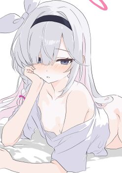 1girl black_hairband blue_archive blush braid breasts collarbone downblouse grey_eyes grey_hair hair_over_one_eye hairband halo head_rest highres kamitosayu loli long_hair long_sleeves looking_at_viewer lying on_stomach parted_lips plana_(blue_archive) shirt side_braid sidelocks simple_background small_breasts solo very_long_hair white_background white_shirt
