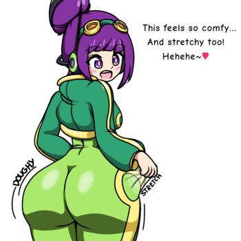 alternate_costume ass barrubo1995 bodysuit breasts egghead_outfit goggles goggles_on_head green_bodysuit hair_bun happy headphones hood hoodie huge_ass kurozumi_tama looking_back one_piece open_mouth purple_eyes purple_hair sidelocks skin_tight small_breasts smile tight_clothes wide_hips