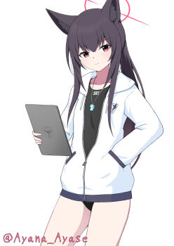 &gt;:( 1girl absurdres alternate_costume animal_ear_fluff animal_ears ayana_ayase black_buruma black_shirt blue_archive brown_hair buruma closed_mouth commentary_request cowboy_shot fox_ears fox_girl frown hair_between_eyes halo hand_in_pocket highres holding holding_tablet_pc hood hood_down hooded_jacket jacket long_hair looking_at_viewer open_clothes open_jacket paid_reward_available partially_unzipped red_eyes red_halo shirt sidelocks simple_background solo split_mouth tablet_pc v-shaped_eyebrows very_long_hair whistle whistle_around_neck white_background white_jacket yukino_(blue_archive)
