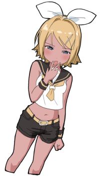 Rule 34 | 1girl, :d, arm at side, bare arms, bare shoulders, black sailor collar, black shorts, black wrist cuffs, blonde hair, blue eyes, bow, clenched hand, cropped legs, cropped shirt, doppelschwert, dot nose, furrowed brow, hair bow, hair ornament, hairpin, half-closed eyes, hand up, kagamine rin, legs apart, light blush, looking at viewer, midriff, navel, open mouth, sailor collar, shirt, short hair, short shorts, shorts, simple background, sleeveless, sleeveless shirt, smile, solo, standing, straight hair, tan, v, v over mouth, vocaloid, white background, white bow, white shirt, wrist cuffs