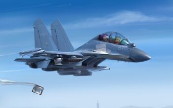 aircraft airplane animal blue_sky dog doge fighter_jet headset highres jeffholy military_vehicle missile no_humans original people&#039;s_liberation_army people&#039;s_liberation_army_air_force shenyang_j-11 sky toilet tongue tongue_out vehicle_focus