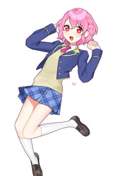 1boy :d absurdres arms_up braid commentary full_body heart highres inushimaya kneehighs loafers necktie open_mouth paprika_private_academy_school_uniform pink_hair plaid_clothes plaid_skirt pleated_skirt pretty_series pripara red_eyes reona_west school_uniform shirt shoes short_hair side_braid skirt smile socks solo trap white_shirt white_socks