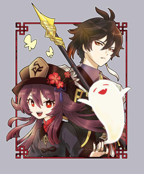 1boy 1girl :d bead_bracelet beads black_hair black_nails boo_tao_(genshin_impact) bracelet brooch brown_hair bug butterfly chinese_clothes coat coattails collared_coat collared_shirt colored_tips diamond-shaped_pupils diamond_(shape) earrings eyeliner eyeshadow fang flower flower-shaped_pupils formal_clothes genshin_impact ghost gradient_hair grey_background hair_between_eyes hair_tie hat hat_flower hat_ornament highres holding holding_polearm holding_weapon hu_tao_(genshin_impact) insect jacket jewelry long_hair long_sleeves looking_at_viewer makeup multicolored_hair multiple_rings nail_polish necktie open_mouth orange_hair plum_blossoms polearm ponytail porkpie_hat red_eyes red_eyeshadow red_flower red_shirt ring shirt sidelocks simple_background single_earring smile spear star-shaped_pupils star_(symbol) suit symbol-shaped_pupils tassel tassel_earrings teeth thumb_ring tsumiki_yuu twintails upper_body upper_teeth_only vest weapon yellow_eyes zhongli_(genshin_impact)