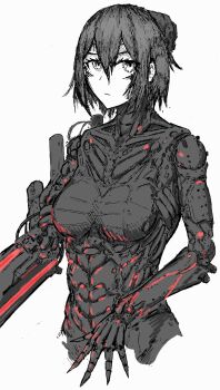 Rule 34 | 1girl, absurdres, black hair, blame!, breasts, claws, closed mouth, collarbone, cropped torso, cyberpunk, cyborg, fingernails, graviton beam emitter, gun, hair between eyes, highres, joints, looking at viewer, medium breasts, pale skin, robot joints, safeguard (blame!), sanakan, science fiction, sharp fingernails, shiokaze1409, short hair, silicon creature (blame!), simple background, solo, torso, upper body, weapon, white background