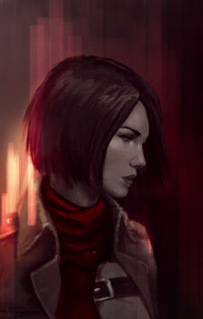 1girl absurdres black_eyes black_hair closed_mouth collared_jacket commentary gan_wen_haw highres jacket lips lipstick makeup mikasa_ackerman military_uniform open_clothes open_jacket paradis_military_uniform red_scarf scarf shingeki_no_kyojin short_hair solo