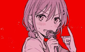 1girl cho_nekura girls_band_cry highres holding holding_microphone iseri_nina long_hair low_twintails microphone open_mouth pinky_out portrait red_background short_hair short_twintails simple_background solo twintails upper_body