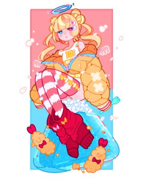 1girl blue_background blue_eyes bubble commentary_request double_bun food food-themed_hair_ornament fork frown hair_bun hair_ornament halo heterochromia highres holding holding_fork jacket jo_suke leg_warmers looking_at_viewer onigiri onigiri_hair_ornament original personification quilted_jacket red_background red_eyes red_leg_warmers red_socks red_thighhighs rice simple_background socks solo striped_clothes striped_thighhighs tank_top tempura thighhighs thighs two-tone_background white_background white_tank_top white_thighhighs yellow_jacket