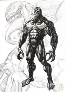 1boy abs acecore2k commentary english_commentary full_body g-pen_(medium) graphite_(medium) greyscale hatching_(texture) highres long_tongue male_focus marvel monochrome monster_boy muscular muscular_male pen_(medium) profile sharp_teeth sketch solo spider-man_(series) teeth tongue traditional_media veins veiny_arms venom_(marvel) very_long_tongue