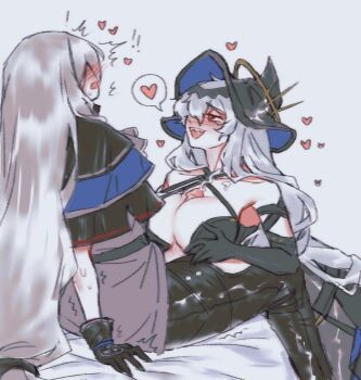 Rule 34 | 2girls, arknights, black capelet, black gloves, black hat, black pants, blush, breasts, capelet, commentary, cum, english commentary, futa with female, futanari, gloves, grey hair, hat, heart, large breasts, long hair, multiple girls, orz (kagewaka), paizuri, pants, red eyes, sharp teeth, simple background, skadi (arknights), specter (arknights), specter the unchained (arknights), teeth, uncensored, upper teeth only, white background