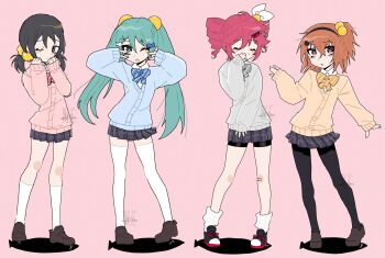 Rule 34 | 4girls, aqua eyes, aqua hair, black footwear, black hair, black hairband, black skirt, black thighhighs, blonde hair, blue bow, blue cardigan, blush stickers, bow, brown footwear, cardigan, closed eyes, collared shirt, covering own mouth, double v, fish hair ornament, grey bow, grey cardigan, hair bobbles, hair bow, hair ornament, hairband, hairclip, hatsune miku, highres, kaai yuki, kasane teto, kasane teto (sv), koshianpancake, multicolored hair, multiple girls, one eye closed, open mouth, orange bow, orange cardigan, orange eyes, orange hair, pantyhose, pink background, pink cardigan, plaid clothes, plaid skirt, red bow, red hair, red trim, shirt, simple background, skirt, streaked hair, synthesizer v, thighhighs, twintails, utau, v, v over eye, vocaloid, watermark, white hair, white shirt, white thighhighs, x hair ornament, zako (vocaloid)