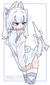 1boy :/ ^^^ animal_ear_fluff animal_ears annoyed arched_back bare_shoulders blunt_bangs blush bow bra cardigan cat_boy cat_ears cat_tail closed_mouth collarbone commentary covered_navel covering_crotch covering_privates cowboy_shot crossdressing crossdressing_(mtf) disembodied_hand dress ear_piercing eve_(op_na_yarou) from_side garter_straps glaring grey_bow grey_bra grey_eyes grey_thighhighs hair_intakes hair_tie highres leaning_forward long_sleeves looking_back male_focus medium_hair microdress mole mole_under_eye multicolored_thighhighs no_nose notched_ear off_shoulder op_na_yarou open_cardigan open_clothes original piercing see-through_clothes see-through_dress sidelocks simple_background sleeveless sleeveless_dress sleeves_past_fingers sleeves_past_wrists solo standing sweat tail tail_grab thighhighs thighs trap two-tone_thighhighs two_side_up underwear v-shaped_eyebrows v_arms watermark white_background white_cardigan white_dress white_hair white_thighhighs