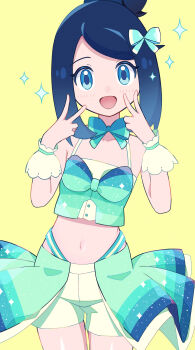 1girl :d absurdres alternate_costume black_hair blue_eyes blush bow bowtie commentary_request cowboy_shot double_v green_bow green_bowtie green_vest hair_bow hands_up happy highres light_blush liko_(pokemon) melili nintendo open_mouth overskirt pokemon pokemon_(anime) pokemon_horizons shorts sidelocks smile solo sparkle swept_bangs v vest wrist_cuffs yellow_background