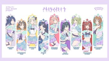 6+girls black_hair black_neckerchief blonde_hair blue_eyes blue_hair bob_cut brown_eyes brown_hair buttons character_name commentary double-breasted english_commentary green_eyes green_hair group_name highres hito_(maruhito) long_hair looking_at_viewer love_live! medium_hair midriff miniskirt multiple_girls navel neckerchief one_side_up original pink_hair pleated_skirt ponytail purple_eyes purple_shirt purple_shorts purple_skirt red_eyes shirt short_hair short_shorts shorts skirt yellow_eyes