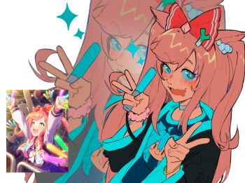 Rule 34 | agnes digital (umamusume), animal ears, blue eyes, blue sclera, blush, brown hair, character print, colored sclera, commentary, double v, drooling, english commentary, from side, hatsune miku, holding lightstick, horse ears, horse girl, lightstick, mouth drool, print shirt, reference inset, sainttufa, shirt, simple background, sparkle, star-shaped pupils, star (symbol), symbol-shaped pupils, umamusume, upper body, v, white background