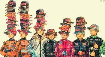 6+boys absurdres andrea_kimi_antonelli baseball_cap black_eyes black_racing_suit blue_eyes blue_racing_suit brown_eyes brown_hair charles_leclerc closed_eyes closed_mouth commentary crossed_arms english_commentary english_text facial_hair ferrari formula_one george_russell grey_jacket hand_in_pocket hand_on_own_face hand_over_face hat hat_over_hat hewlett-packard highres hood hooded_jacket jacket lando_norris lineup looking_at_another male_focus max_verstappen multiple_boys nico_hulkenberg no_sclera one_eye_closed orange_racing_suit oscar_piastri pirelli racing_suit real_life red_bull red_racing_suit shell_(company) short_hair simple_background small_sweatdrop smile sog_goog speech_bubble tag_heuer talking tongue tongue_out yellow_background