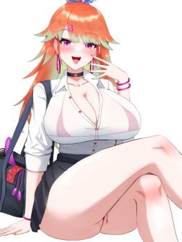 1girl :d animal_print bag bikini bikini_under_clothes black_bag black_choker blush bra bracelet breasts choker cleavage collarbone condom crossed_legs dadangge dildo earrings egg_vibrator gradient_hair green_hair gyaru hand_on_floor high_ponytail highres hololive hololive_english hoop_earrings huge_breasts jewelry knees leopard_print long_hair looking_at_viewer multicolored_hair open_bag open_clothes open_mouth open_shirt orange_hair orange_nails panther_print panties partially_visible_vulva pink_bra pink_eyes ponytail school_uniform see-through_clothes see-through_shirt sex_toy shirt shoulder_bag simple_background sitting skirt smile solo swimsuit takanashi_kiara unbuttoned underwear vibrator virtual_youtuber white_background