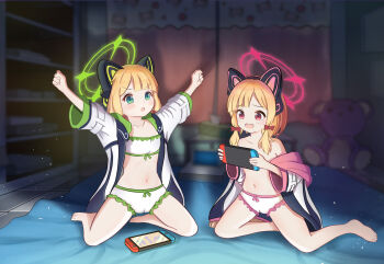 2girls :o absurdres animal_ears arms_up blanket blonde_hair blue_archive blurry blurry_background blush bookshelf bow bra cameltoe cat_ears checkered_floor controller flat_chest frilled_bra frilled_panties frills game_development_department_(blue_archive) green_eyes green_halo hair_bow halo highres holding holding_controller jacket midori_(blue_archive) momoi_(blue_archive) multiple_girls nintendo_switch no_bra open_clothes open_jacket open_mouth panties pink_halo red_eyes bow_panties seiza siblings sitting strip_game stuffed_animal stuffed_toy tearing_up teddy_bear twins underwear white_bra white_jacket white_panties zalakira
