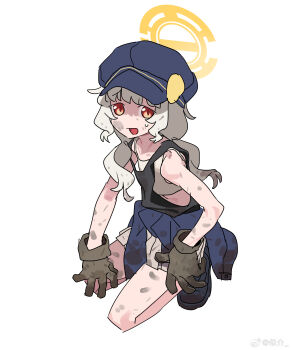 1girl aoba_(blue_archive) artist_name bare_arms bare_legs black_shoes black_tank_top blue_archive blue_hat blue_jacket brown_gloves camisole chinese_commentary clothes_around_waist commentary_request crop_top dirty dirty_clothes dirty_face flat_chest full_body gloves halo hand_on_own_thigh hat highres jacket jacket_around_waist legs_folded long_hair looking_at_viewer loose_clothes low_twintails midriff_peek miniskirt mud multicolored_eyes newsboy_cap open_mouth orange_halo pleated_skirt red_eyes red_pupils shoes sijie simple_background skirt slit_pupils solo squatting sweatdrop tank_top tiptoes twintails two-tone_eyes watermark weibo_watermark white_background white_camisole white_hair white_skirt yellow_eyes