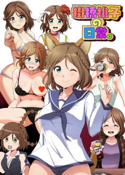 1girl :d ;) ^_^ animal_ears barkhorn0331 bikini black_bra black_jacket black_panties blue_neckerchief blue_sailor_collar blush bow bra braid brown_hair can censored cinderella_series closed_eyes closed_mouth collarbone cosplay drunk fake_animal_ears green_eyes green_tank_top hachigatsu_no_cinderella_nine hair_ornament heart heart_censor highres holding holding_can jacket kakehashi_momoko long_sleeves looking_at_viewer messy miyafuji_yoshika miyafuji_yoshika_(cosplay) multiple_views neckerchief one_eye_closed open_mouth panties pointing pointing_at_viewer purple_shirt sailor_collar shirt short_hair side_braid single_braid smile string_bikini swimsuit tank_top teeth underwear upper_teeth_only white_background white_bikini white_bow white_shirt