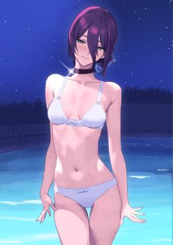 1girl armpit_crease black_choker blush bra breasts chainsaw_man choker closed_mouth collarbone commentary_request green_eyes hair_between_eyes highres kinomiki looking_at_viewer medium_breasts navel night outdoors paid_reward_available pool pool_ladder purple_eyes reze_(chainsaw_man) sky smile solo stomach thighs underwear wading water white_bra