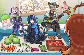 2boys 2girls absurdres ahoge animal_ears arm_tattoo armband asymmetrical_gloves backpack bag bare_shoulders bat_ears blue_eyes boots cabbage cacucu_(genshin_impact) cape carrot citlali_(genshin_impact) coat collared_shirt cowboy_hat daikon dark-skinned_male dark_skin day earrings eyepatch facial_mark fingerless_gloves fingernails floating_headgear food forehead_mark genshin_impact gloves green_hair grey_hair guitar hair_between_eyes hat headgear heterochromia highres holding holding_guitar holding_instrument hood hood_up ifa_(genshin_impact) instrument jewelry leotard long_hair looking_at_another mavuika_(genshin_impact) mismatched_gloves multicolored_hair multicolored_hat multiple_boys multiple_girls music nahida_(genshin_impact) nail_polish neck_tattoo no_pupils onion open_clothes open_coat open_mouth ororon_(genshin_impact) outdoors pants partially_shaded_face pink_eyes playing_guitar playing_instrument pointing potato qucusaurus_(genshin_impact) radish red_hair ring_hair_ornament sakana_(fishchunk) sandals sarong scar scar_across_eye scar_on_arm scar_on_face shirt short_hair sitting tattoo toes tomato triangle triangle_facial_mark two-tone_hair vegetable vest wing_collar