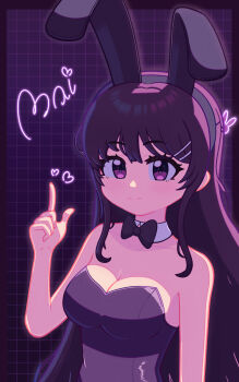 1girl animal_ears black_bow black_bowtie black_hair black_leotard bow bowtie breasts detached_collar fake_animal_ears hair_ornament hairclip highres leotard long_hair md5_mismatch playboy_bunny rabbit_ears rabbit_hair_ornament resolution_mismatch sakurajima_mai sawaropi seishun_buta_yarou solo source_larger strapless strapless_leotard